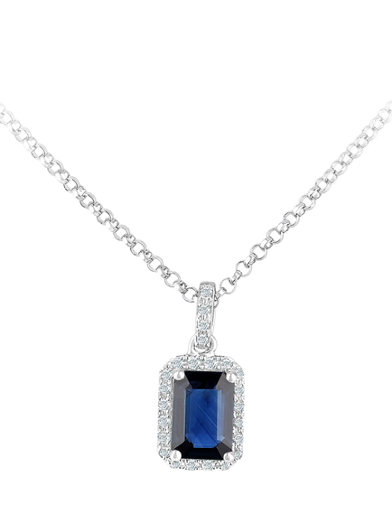 Mogul 18ct White Gold Octagon Cut Sapphire and Diamond Pendant Necklace, Blue