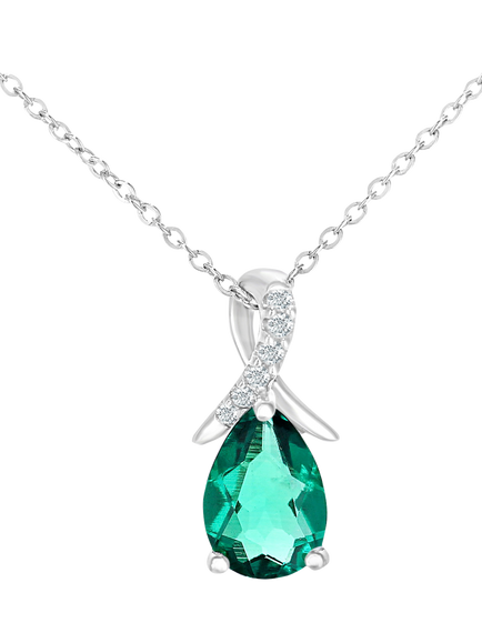 Mogul 9ct White Gold Pear Emerald Diamond Pendant, Green