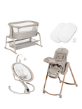 Maxi-Cosi Iora Air Bedside Crib, Tori Bedsheets, Minla Plus Highchair & Cassia Baby Swing, Beige