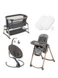 Maxi-Cosi Iora Air Bedside Crib, Tori Bedsheets, Minla Plus Highchair & Cassia Baby Swing, Graphite