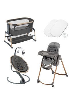 Maxi-Cosi Iora Air Bedside Crib, Tori Bedsheets, Minla Plus Highchair & Cassia Baby Swing, Graphite, Graphite