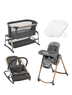 Maxi-Cosi Iora Air Bedside Crib, Tori Bedsheets, Minla Plus Highchair & Kori Beyond Nany Rocker, Graphite, Graphite
