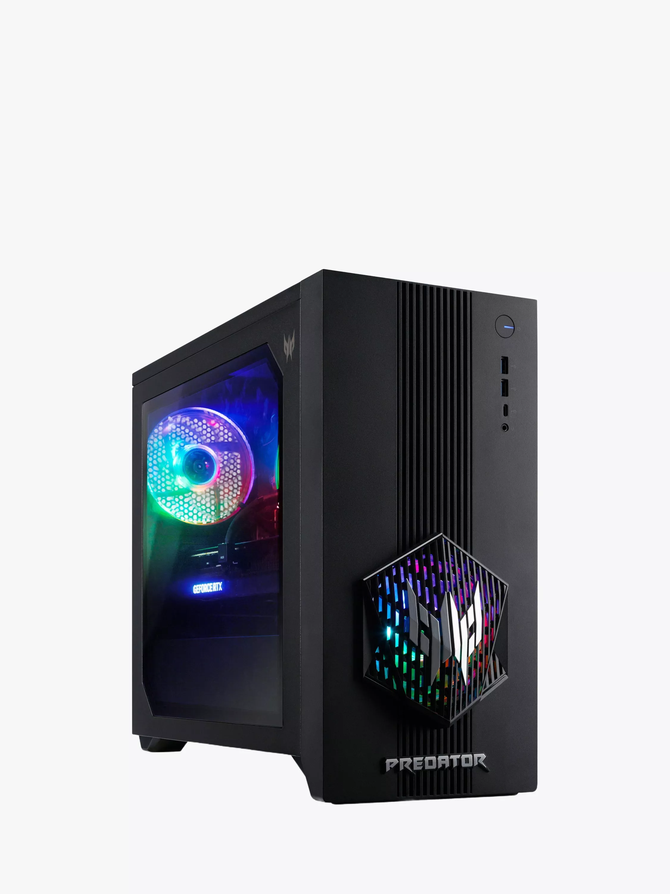 Acer Predator Orion gaming PC tower with RGB fan, tempered glass side panel, and front USB ports on black case