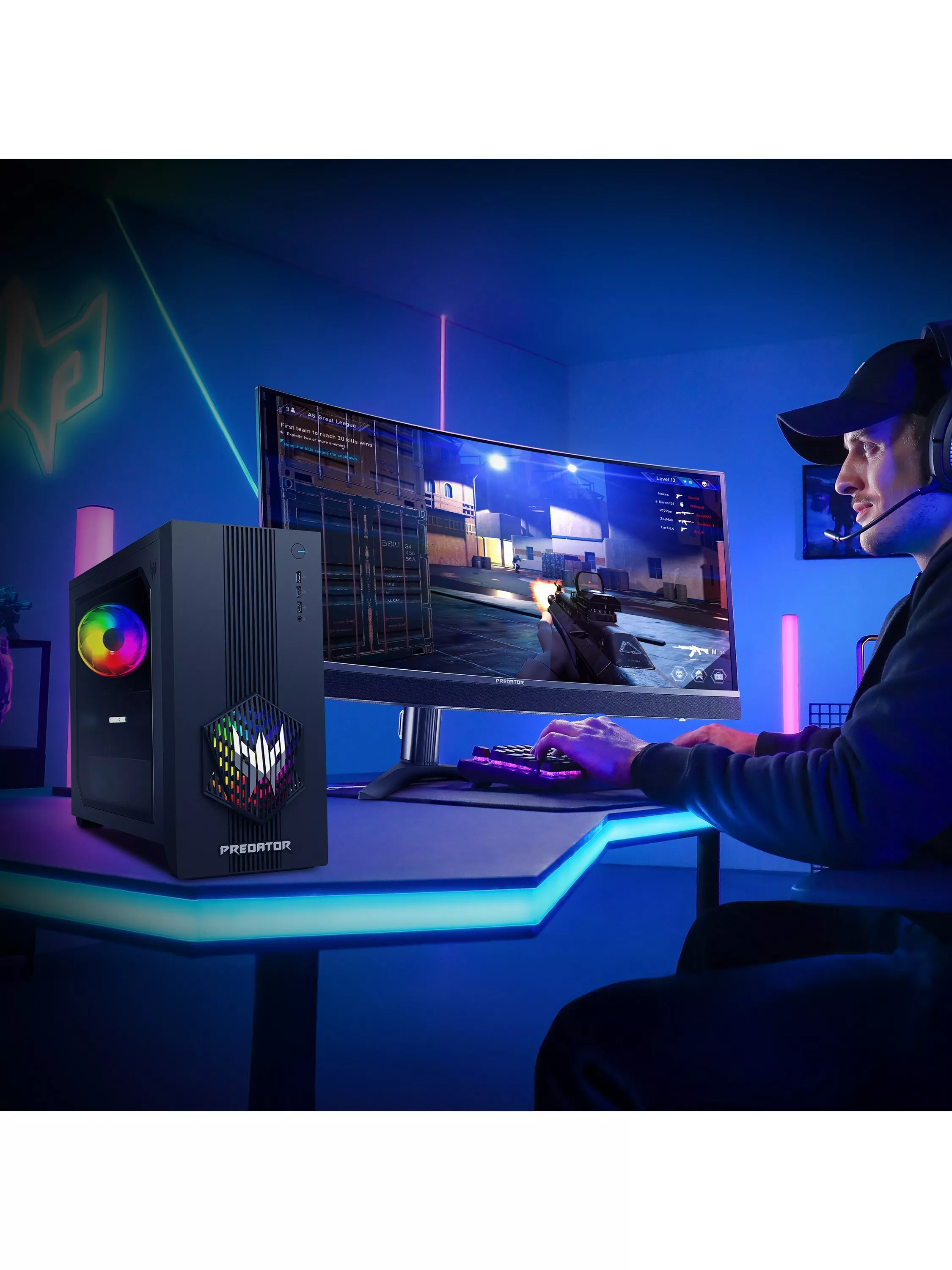 RGB gaming PC tower with curved monitor showing FPS gameplay, gamer at desk with headset in neon-lit room