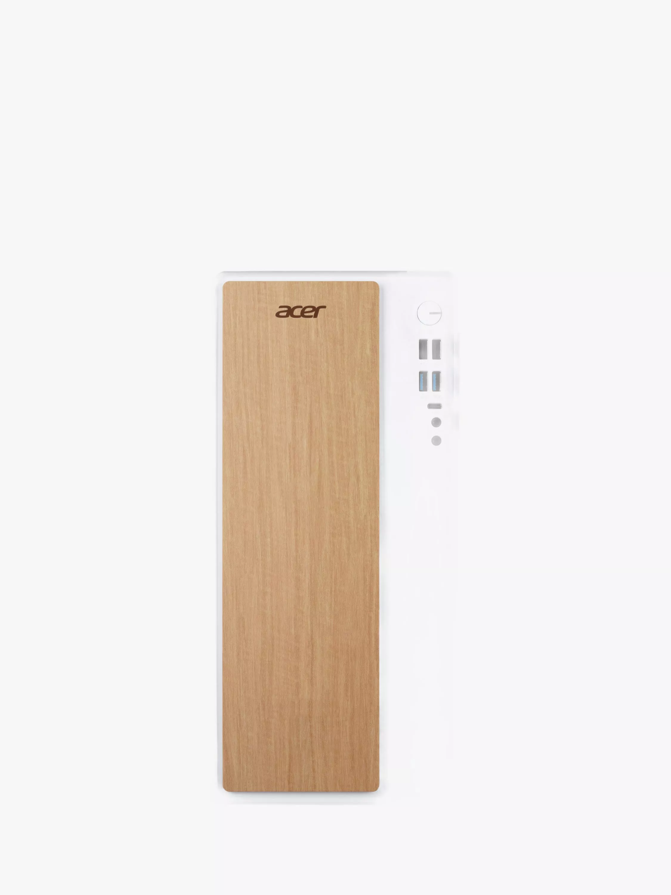 Acer desktop PC tower with wood-effect front panel, white case, and front USB ports on black background