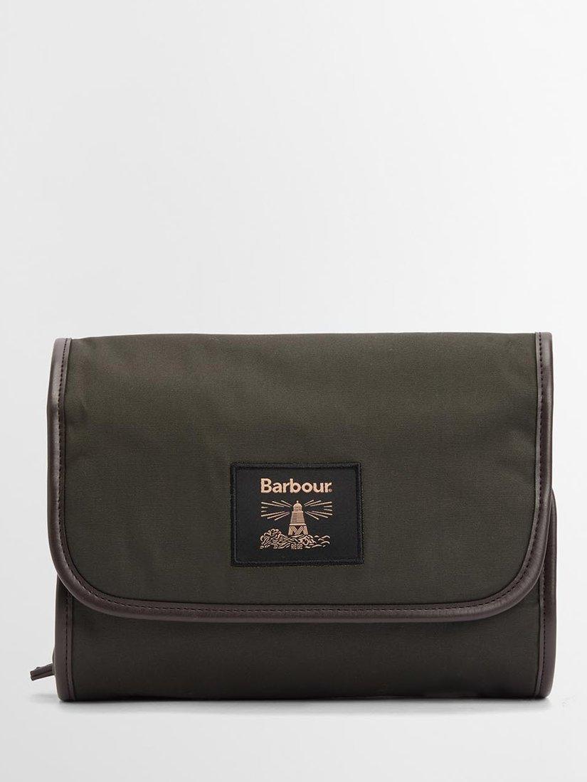 Product image 1 of 8, which shows Barbour Waxed Cotton Hanging Wash Bag, Olive