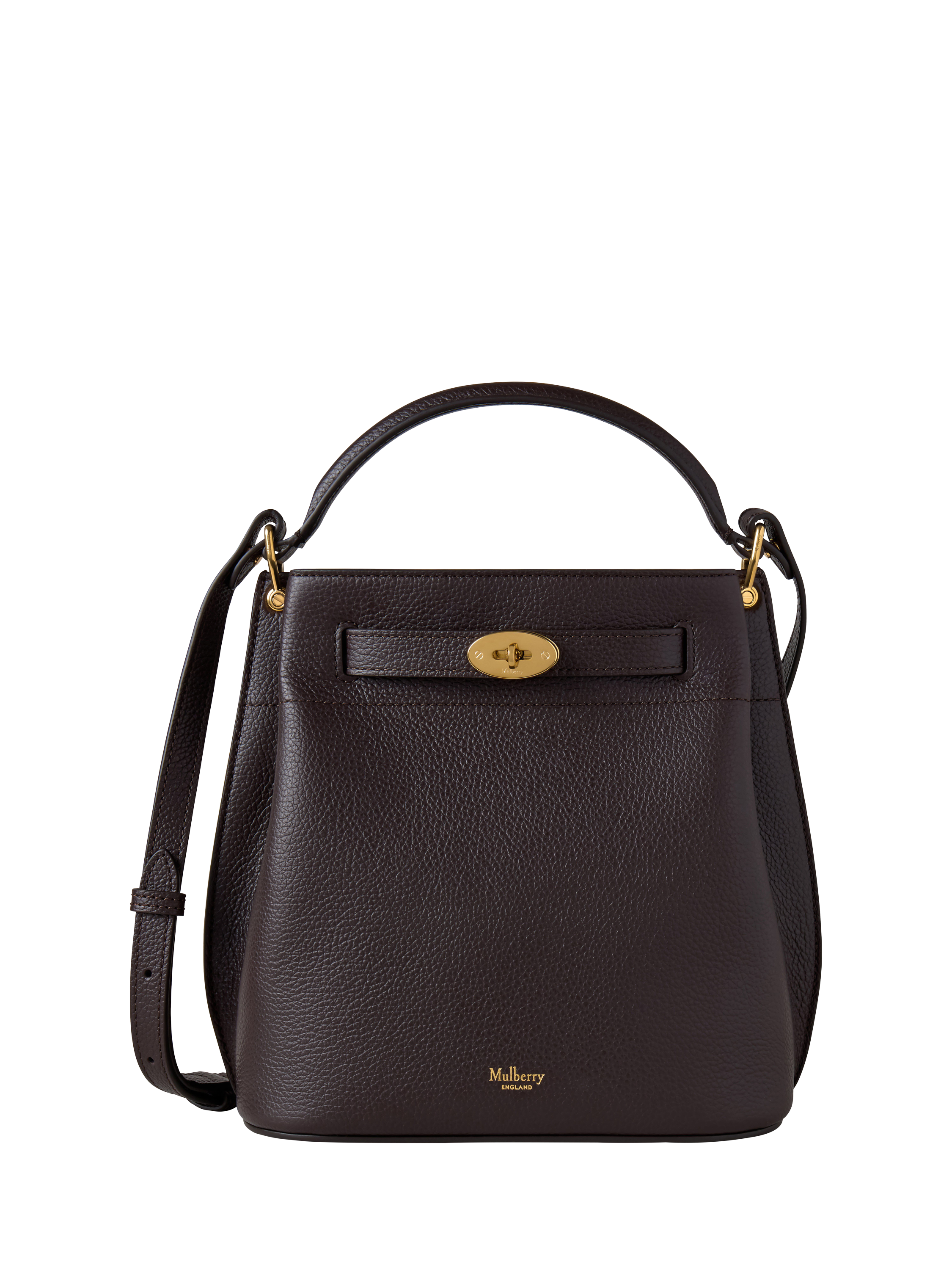 Product image 1 of 6, which shows Mulberry Islington Small Classic Grain Leather Bucket Bag, Ebony