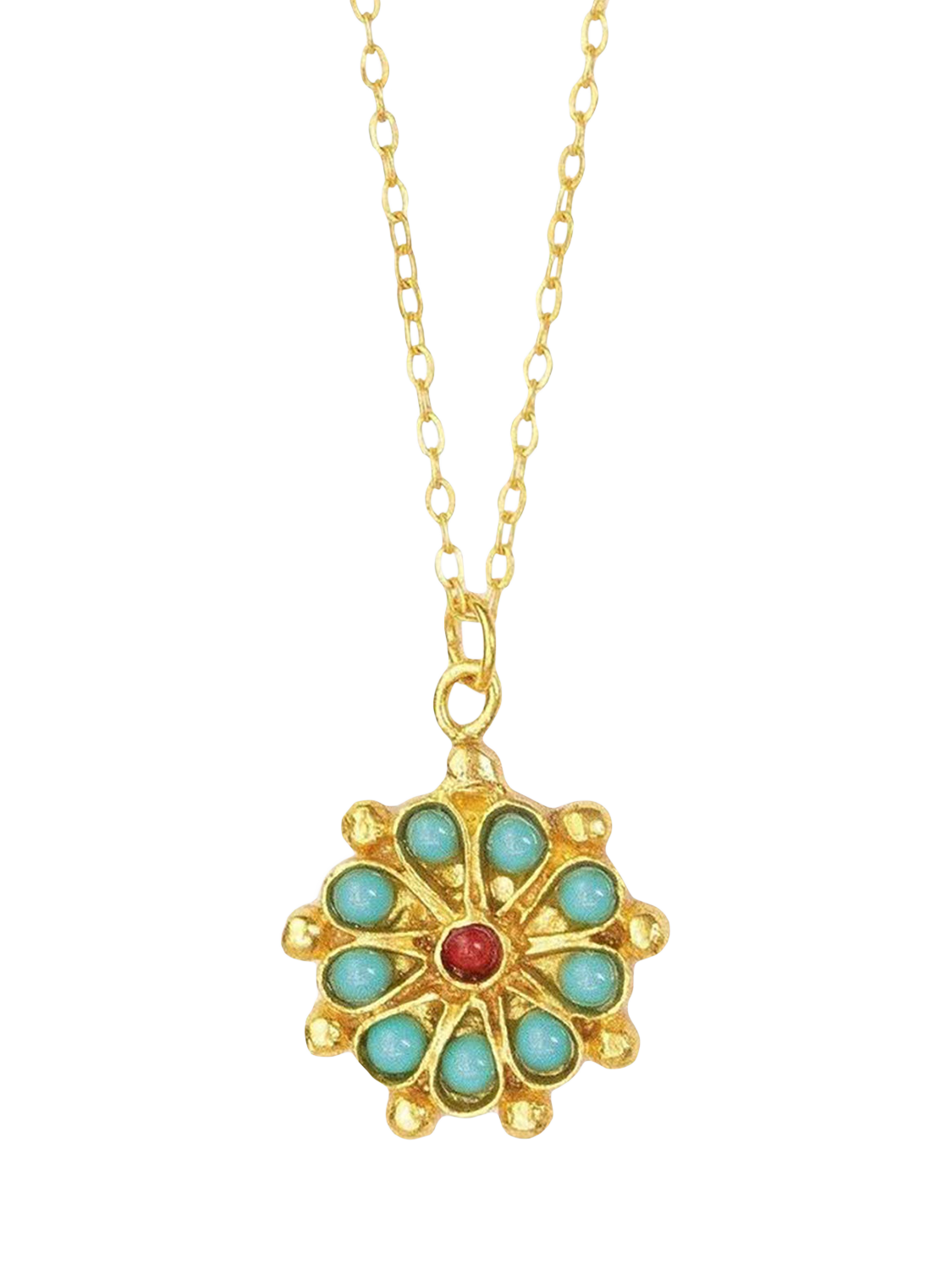 Product image 1 of 7, which shows Ottoman Hands Marigold Turquoise and Red Agate Beaded Pendant, Gold