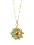 Ottoman Hands Marigold Turquoise and Red Agate Beaded Pendant, Gold