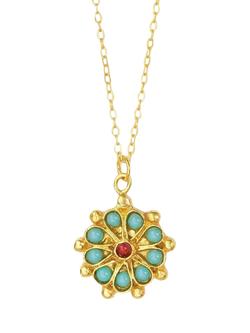 Ottoman Hands Marigold Turquoise and Red Agate Beaded Pendant, Gold, Gold
