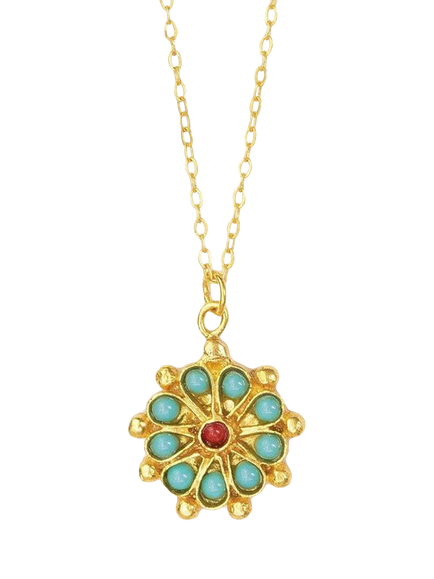 Ottoman Hands Marigold Turquoise and Red Agate Beaded Pendant, Gold, Gold