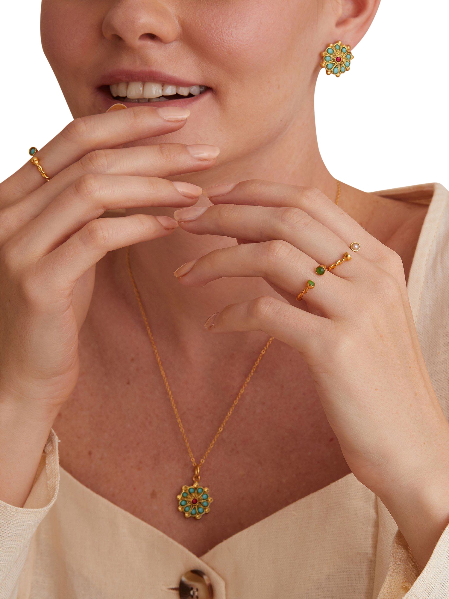 Product image 2 of 7, which shows Ottoman Hands Marigold Turquoise and Red Agate Beaded Pendant, Gold