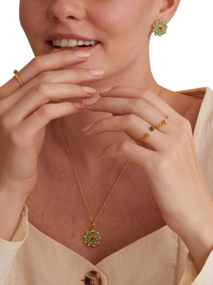 Ottoman Hands Marigold Turquoise and Red Agate Beaded Pendant, Gold - view 2, Gold