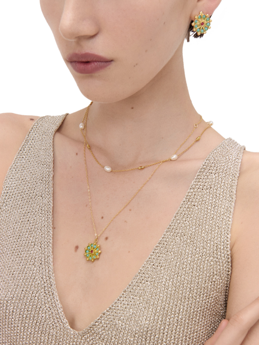 Product image 3 of 7, which shows Ottoman Hands Marigold Turquoise and Red Agate Beaded Pendant, Gold