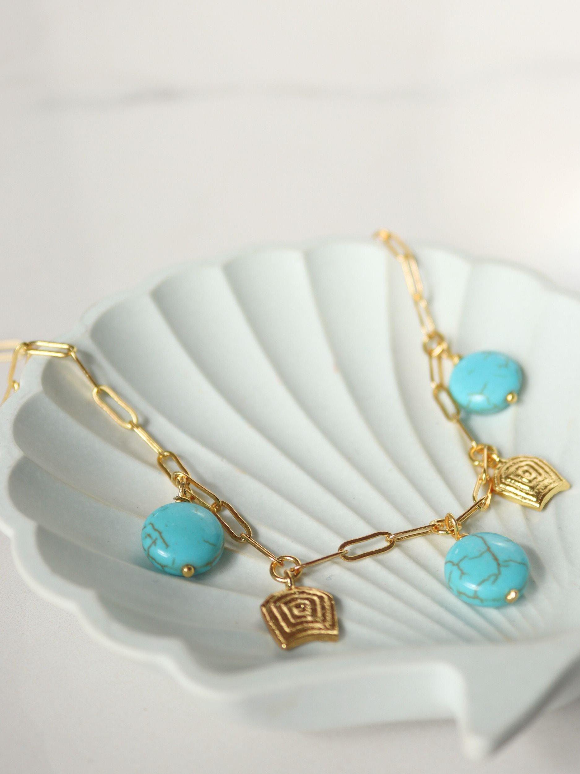 Product image 2 of 5, which shows Ottoman Hands Amore Turquoise Charm Chain Necklace, Gold