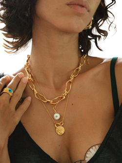 Ottoman Hands Amalfi Pearl and Turquoise Pendant Necklace, Gold - view 2, Gold