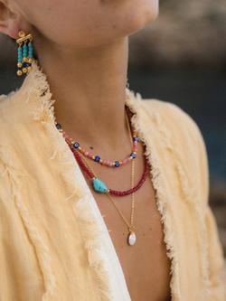 Ottoman Hands Felice Jade and Turquoise Beaded Necklace, Gold - view 2, Gold