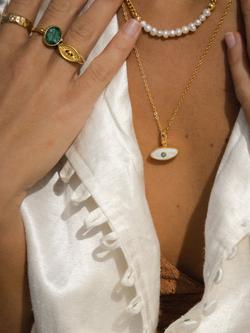 Ottoman Hands Aretha Evil Eye Pearl Turquoise Necklace, Gold - view 2, Gold