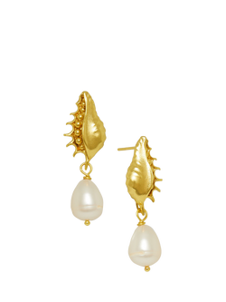 Ottoman Hands Kai Seashell Pearl Drop Stud Earrings, Gold, Gold