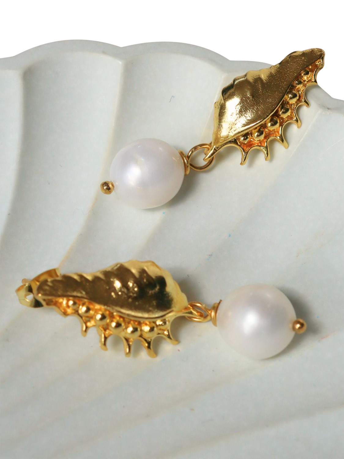 Product image 2 of 5, which shows Ottoman Hands Kai Seashell Pearl Drop Stud Earrings, Gold