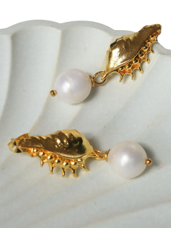 Ottoman Hands Kai Seashell Pearl Drop Stud Earrings, Gold - view 2, Gold