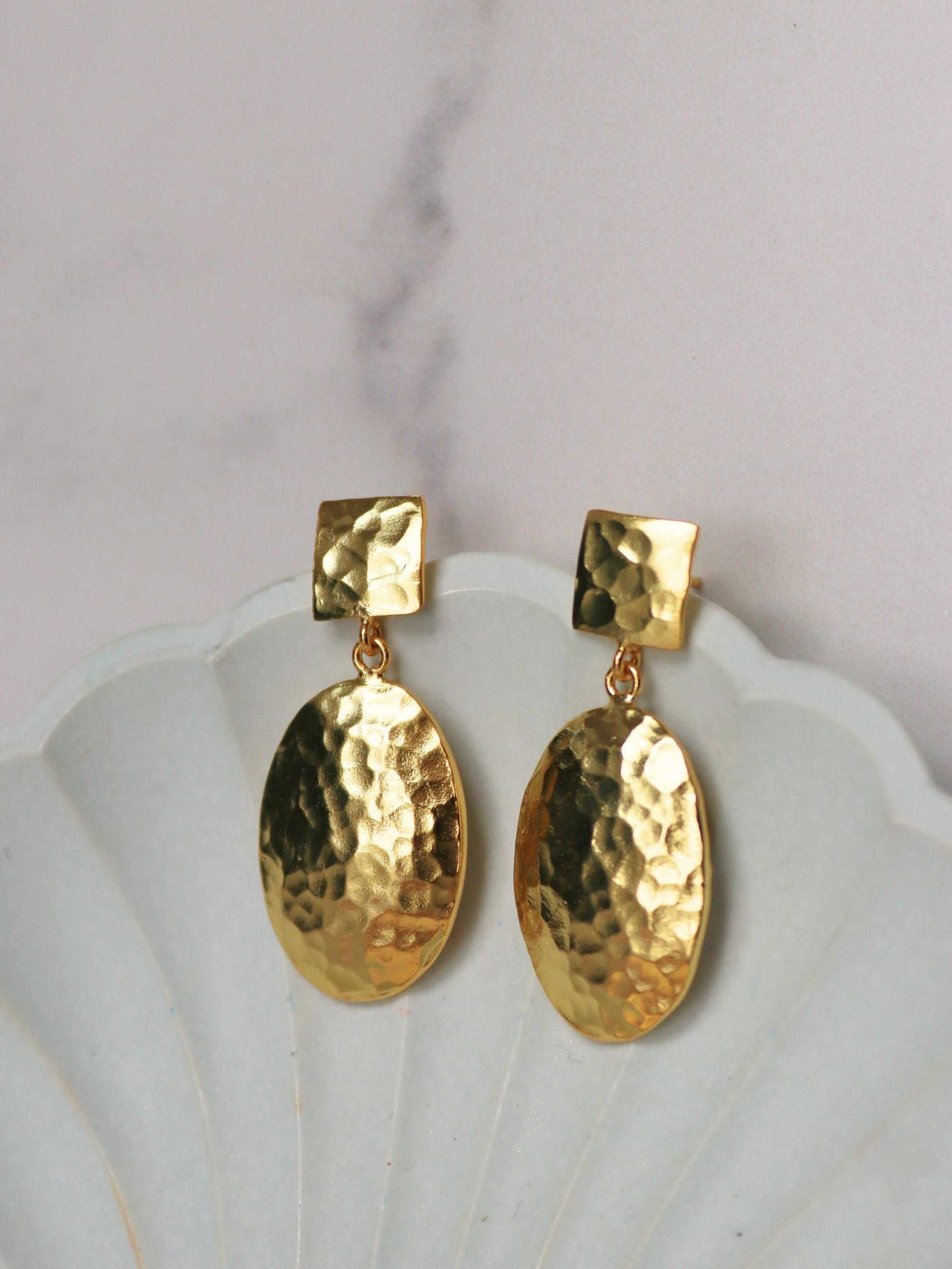 Product image 2 of 5, which shows Ottoman Hands Desiree Hammered Drop Stud Earrings, Gold