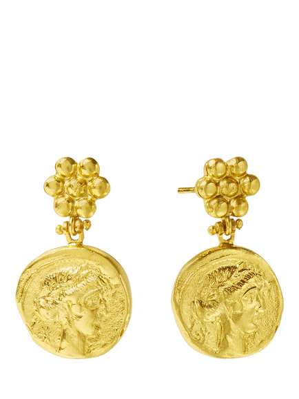 Ottoman Hands Goddess Demeter Coin Drop Earrings, Gold, Gold