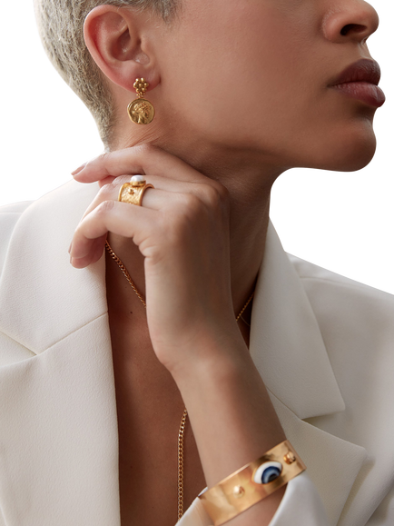 Ottoman Hands Goddess Demeter Coin Drop Earrings, Gold - view 2, Gold