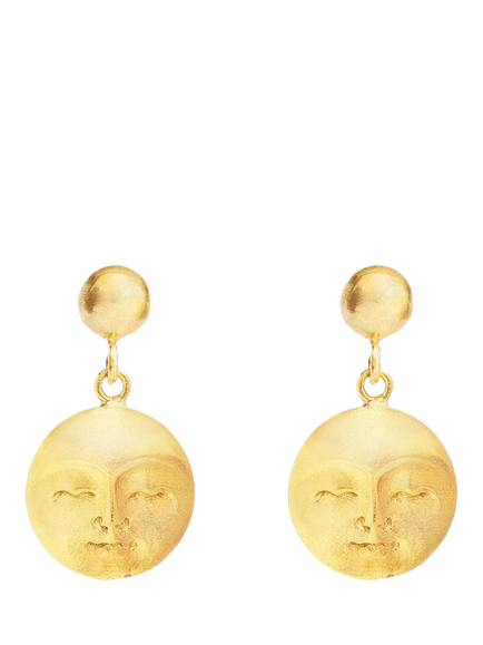 Ottoman Hands Moon Face Gold Drop Earrings, Gold, Gold