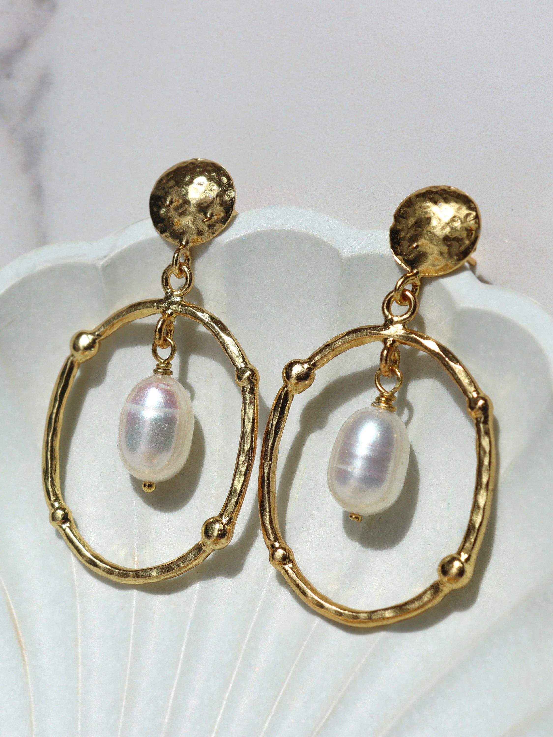 Product image 4 of 6, which shows Ottoman Hands Sloane Pearl Drop Stud Earrings, Gold