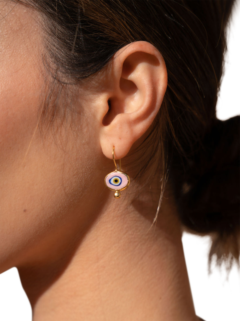 Product image 2 of 6, which shows Ottoman Hands Alara Evil Eye Drop Earrings, Gold/Pink