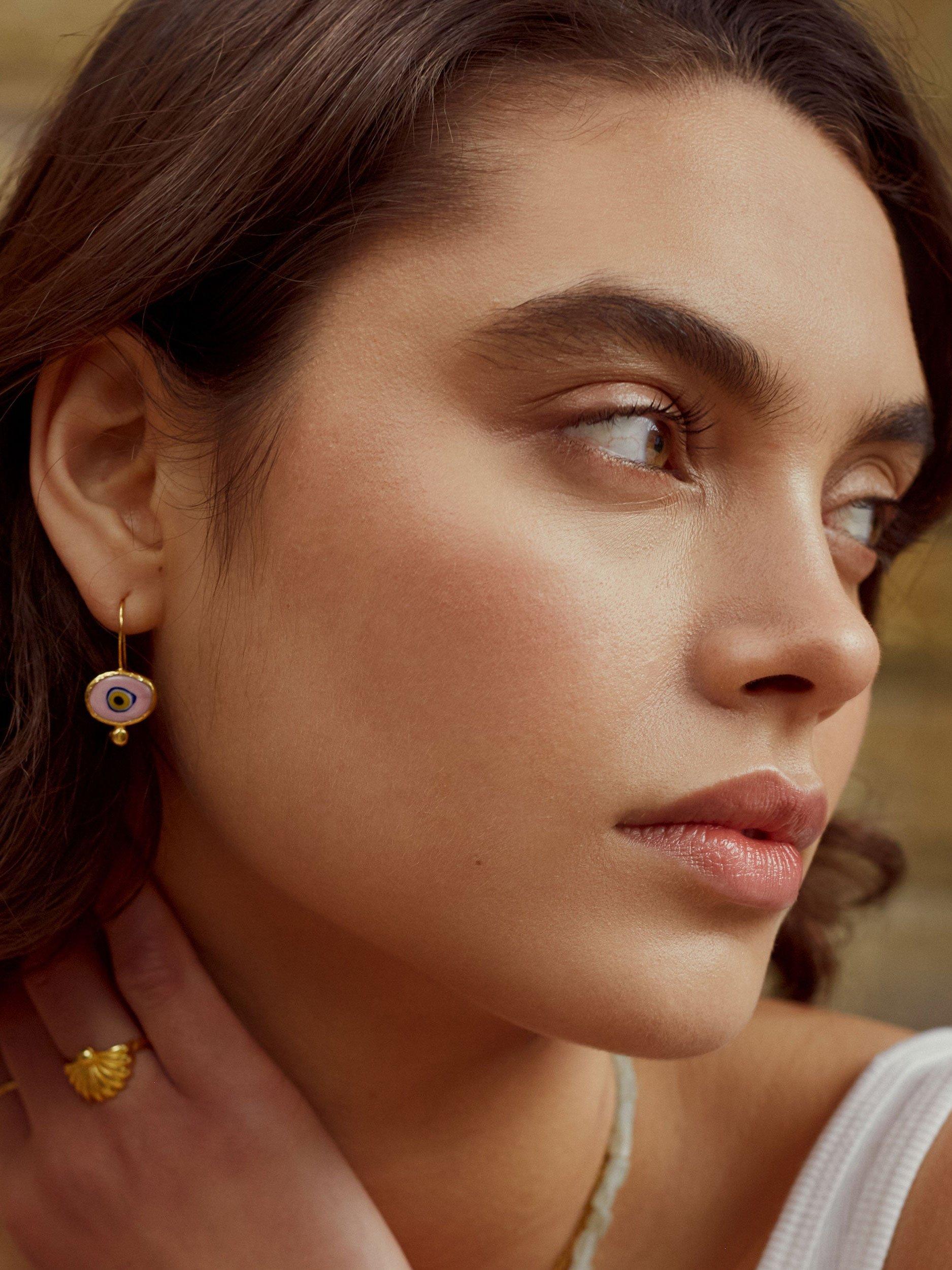 Product image 3 of 6, which shows Ottoman Hands Alara Evil Eye Drop Earrings, Gold/Pink