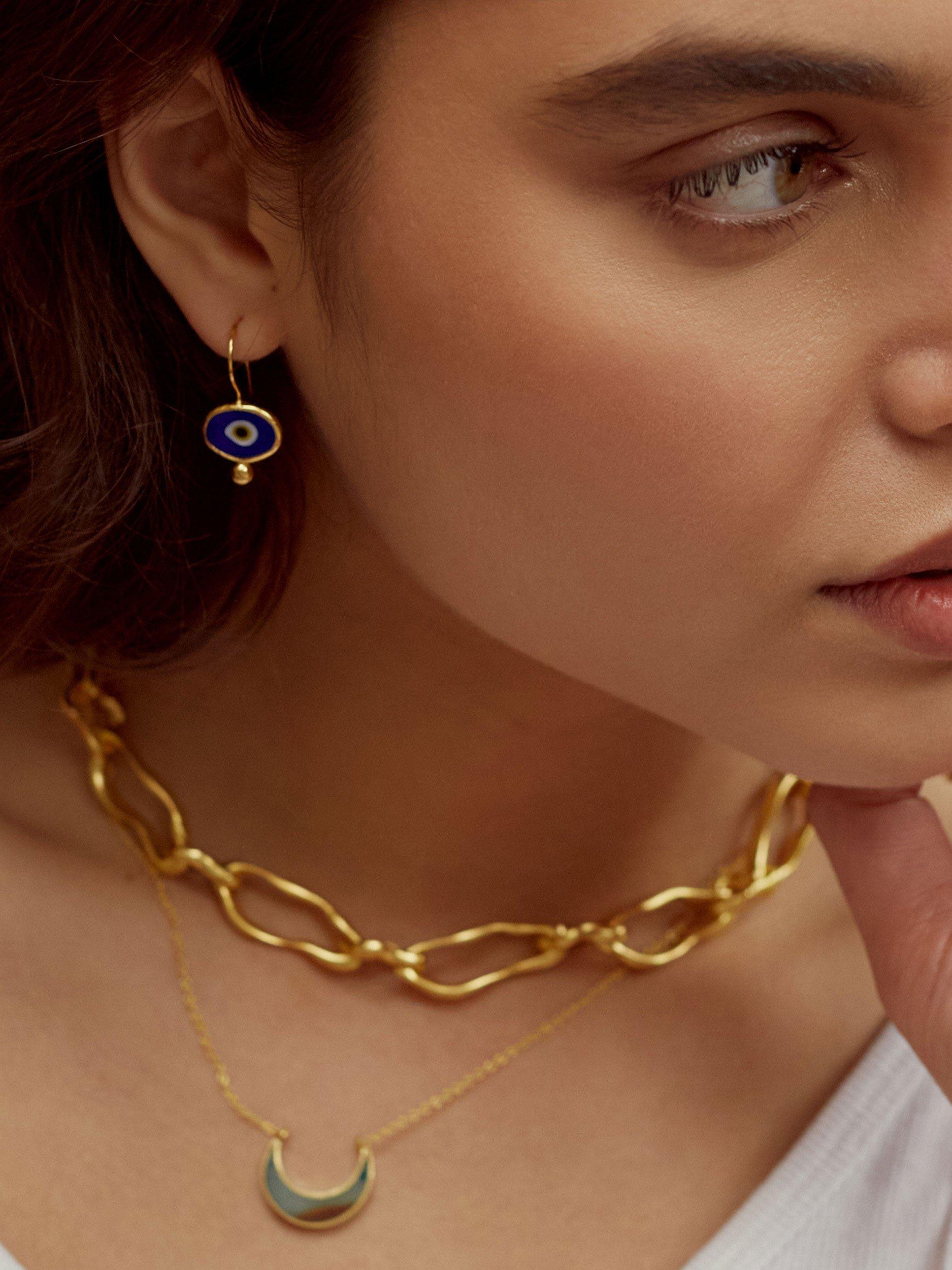 Product image 2 of 5, which shows Ottoman Hands Alara Evil Eye Drop Earrings, Gold/Dark Blue