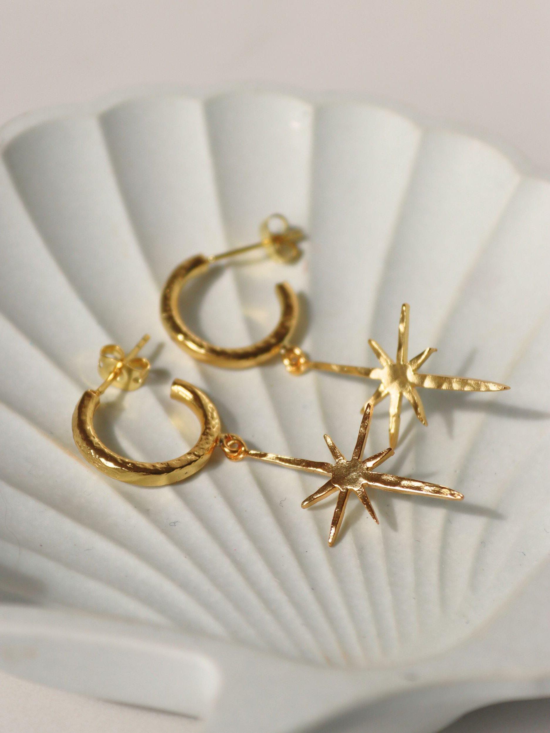 Product image 2 of 5, which shows Ottoman Hands Northern Star Hoop Earrings, Gold