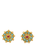 Ottoman Hands Marigold Beaded Turquoise and Red Agate Earrings, Gold