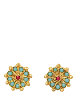 Ottoman Hands Marigold Beaded Turquoise and Red Agate Earrings, Gold, Gold