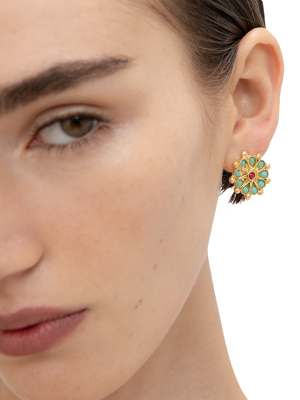 Ottoman Hands Marigold Beaded Turquoise and Red Agate Earrings, Gold - view 2, Gold