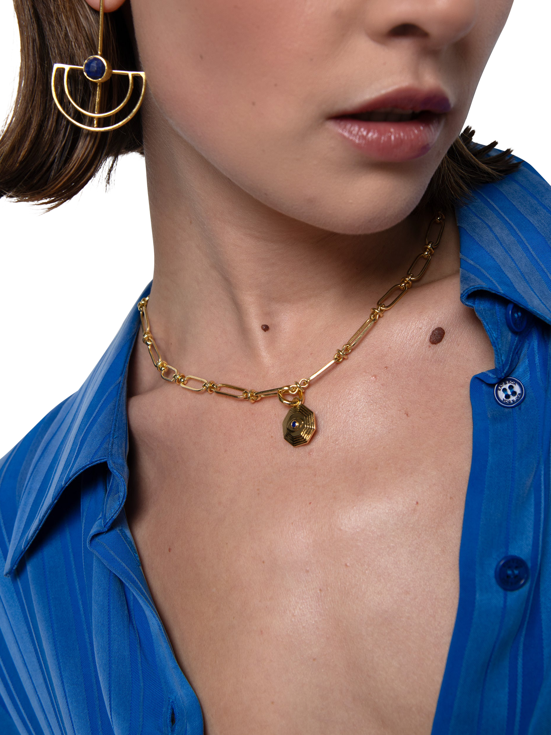 Product image 3 of 5, which shows Ottoman Hands Lapis Art Deco Evil Eye Charm, Gold