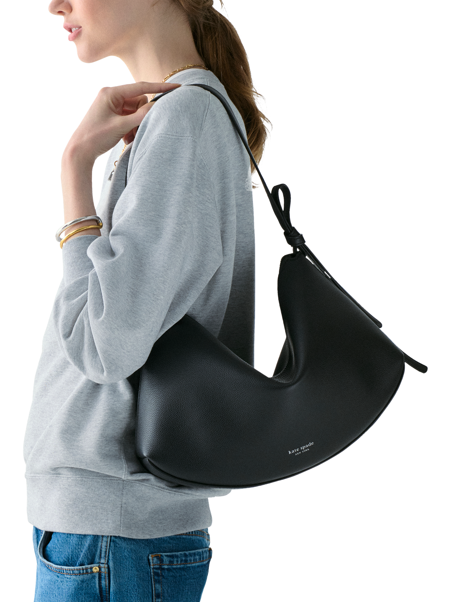 Product image 2 of 4, which shows kate spade new york Loop Leather Slouchy Shoulder Bag, Black