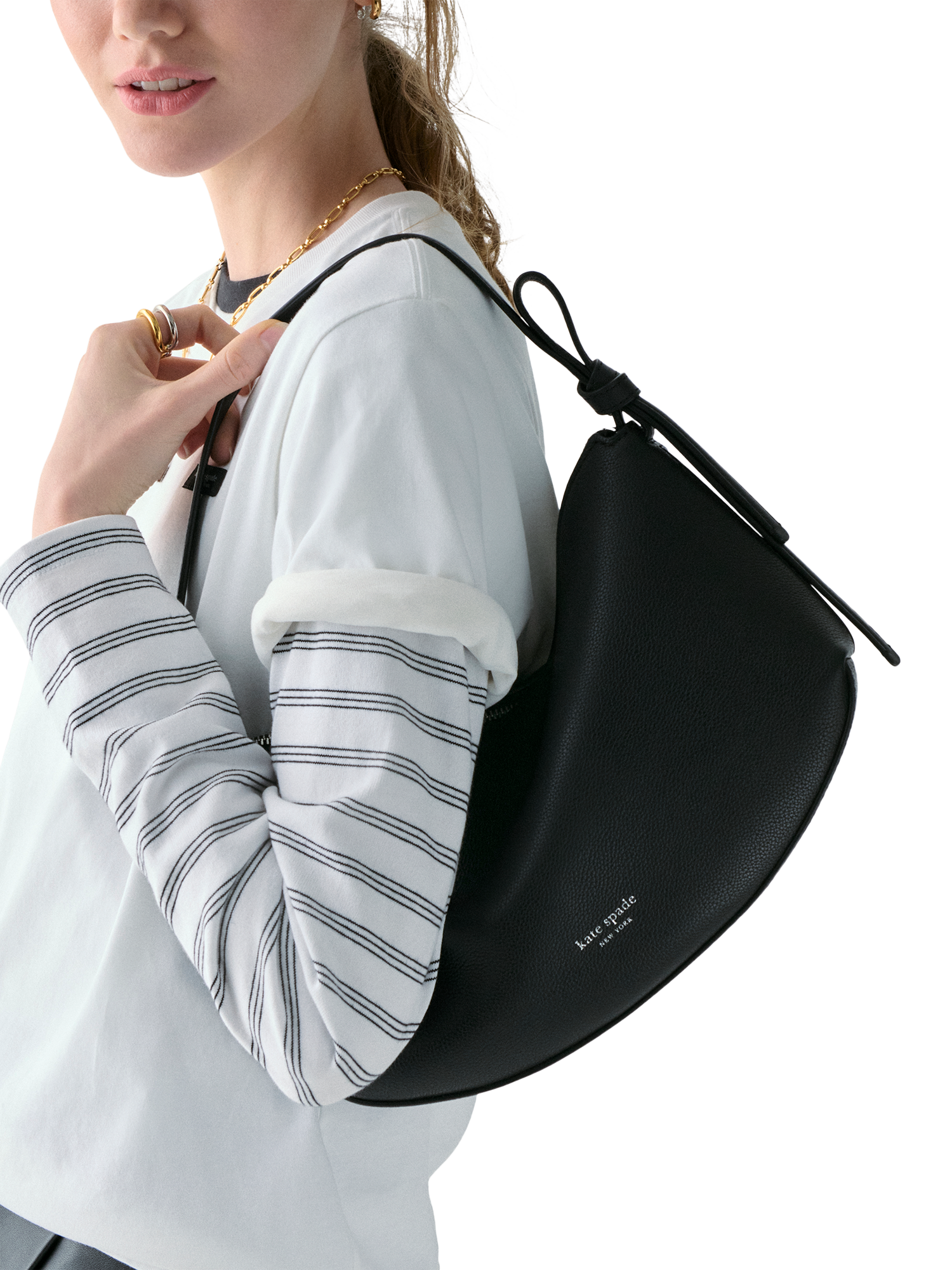 Product image 2 of 4, which shows kate spade new york Loop Leather Slouchy Shoulder Bag, Black