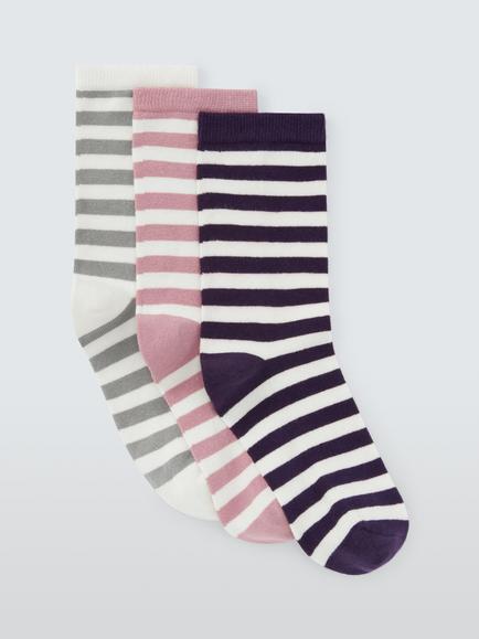 John Lewis Stripe Organic Cotton Mix Ankle Socks, Pack of 3, Navy/Pink/Sage