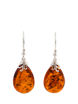 Be-Jewelled Baltic Amber Pear Drop Earrings, Silver/Cognac, Silver/Cognac