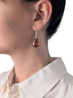 Be-Jewelled Baltic Amber Pear Drop Earrings, Silver/Cognac - view 2, Silver/Cognac