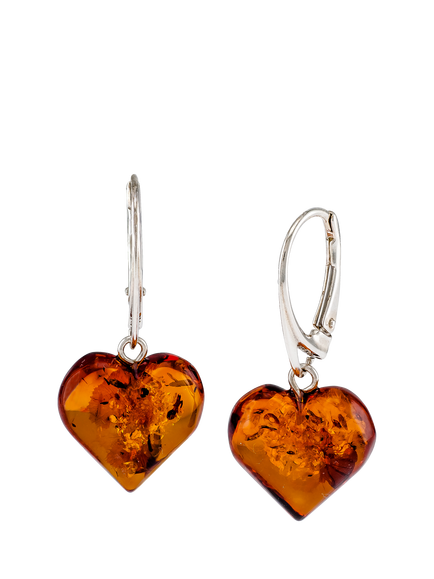 Be-Jewelled Baltic Amber Heart Drop Earrings, Cognac/Silver, Silver/Cognac