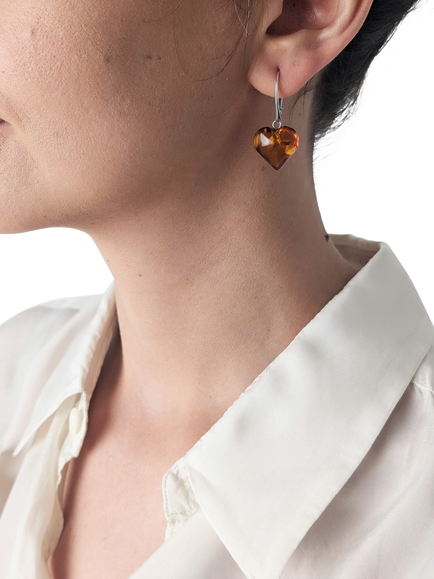 Be-Jewelled Baltic Amber Heart Drop Earrings, Cognac/Silver - view 2, Silver/Cognac
