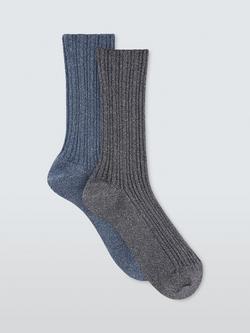 John Lewis Ribbed Sparkle Socks, Pack of 2, Blue/Multi, Blue/Multi