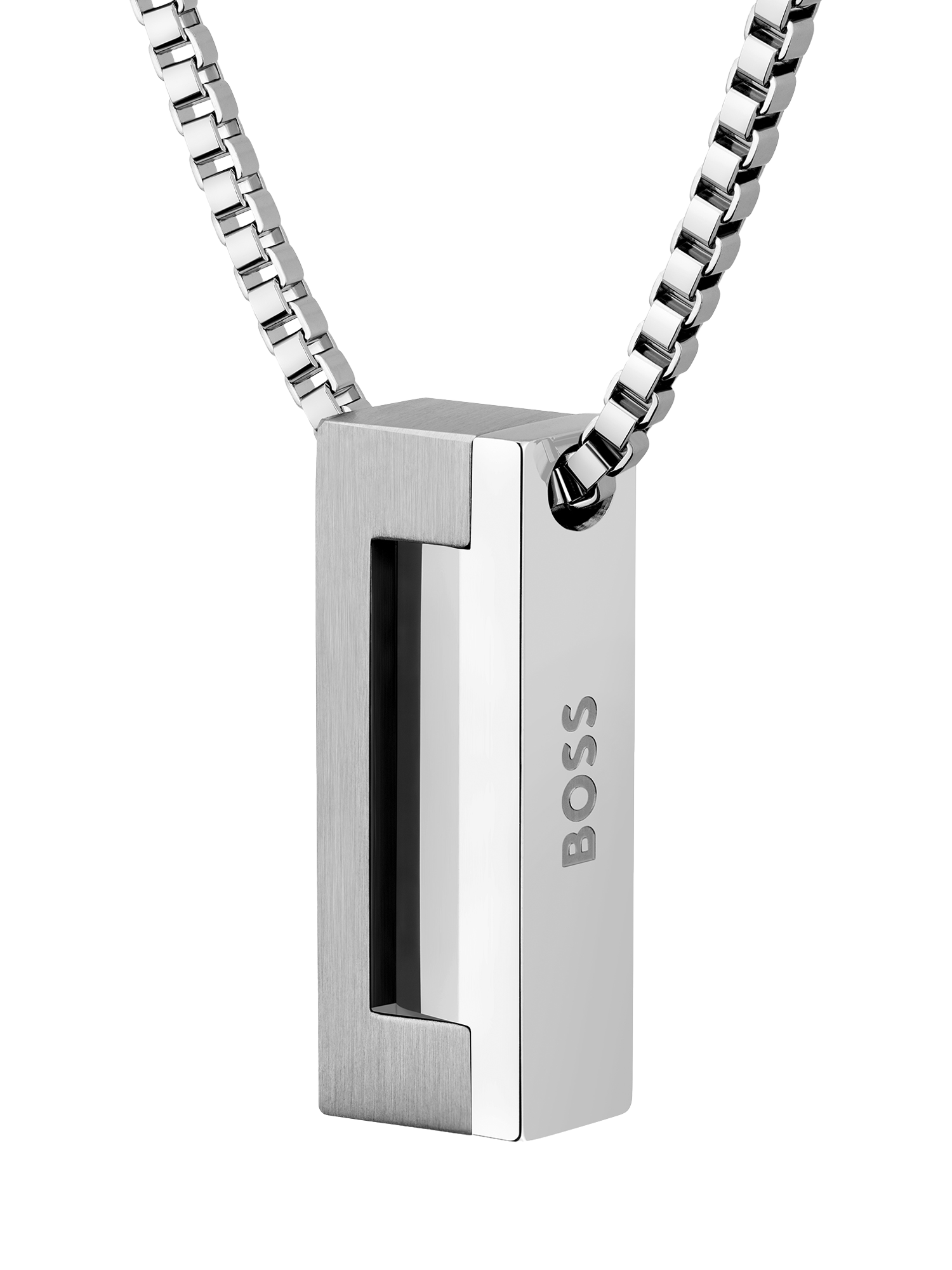 Product image 1 of 8, which shows HUGO BOSS Men's Square Pendant Necklace, Silver