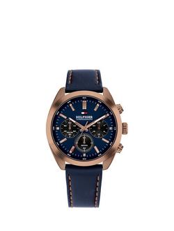 Tommy Hilfiger 1710721 Men's Chronograph Leather Strap Watch, Blue, Blue