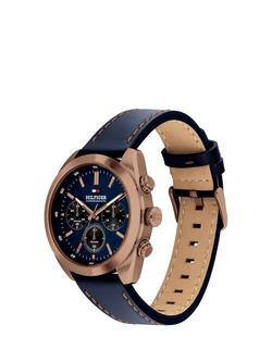 Tommy Hilfiger 1710721 Men's Chronograph Leather Strap Watch, Blue - view 2, Blue