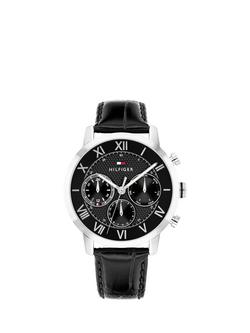 Tommy Hilfiger 1710725 Men's Stainless Steel Leather Strap Watch, Black, Black